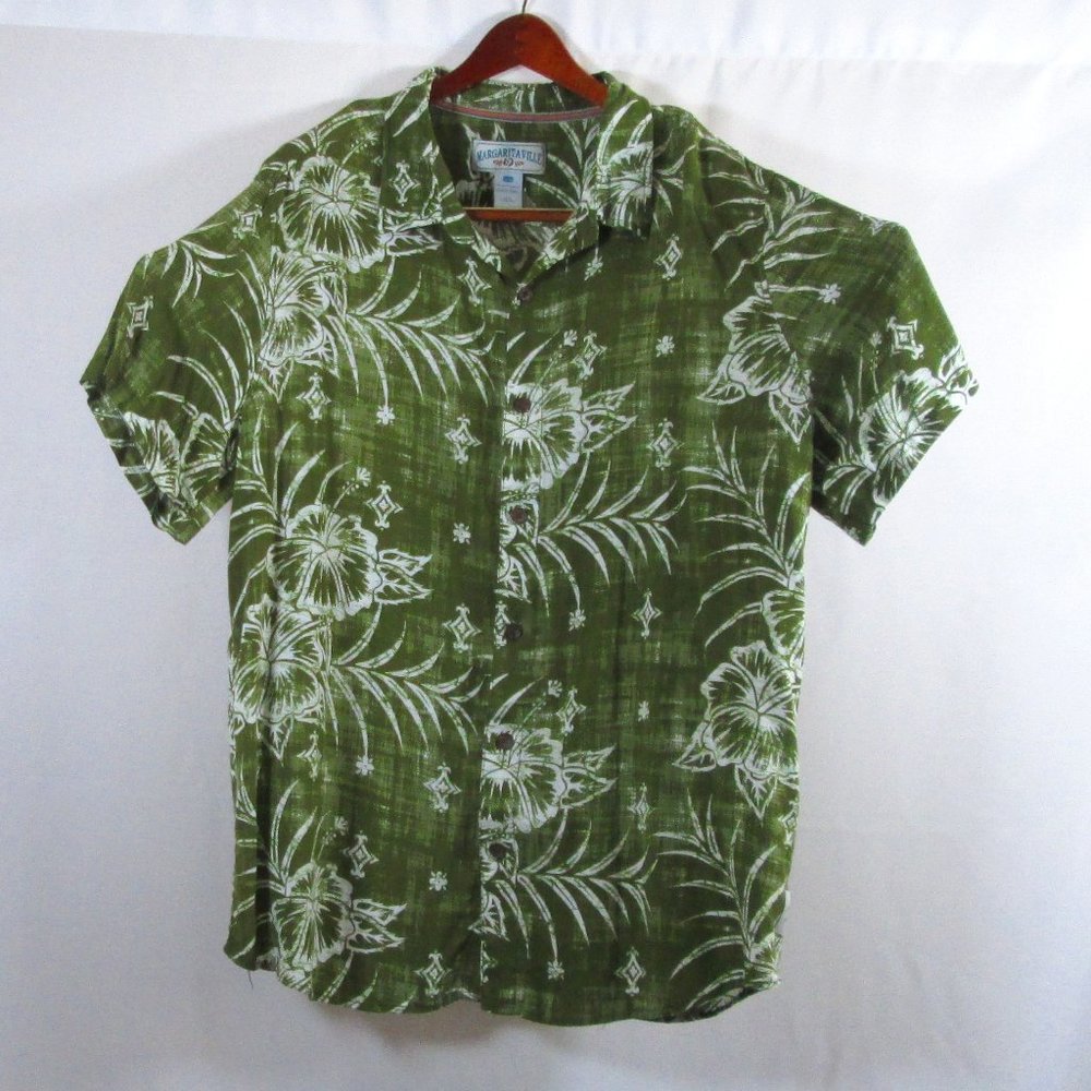 Margaritaville Mens Casual Green white Button Down Shirt Short Sleeve Si…